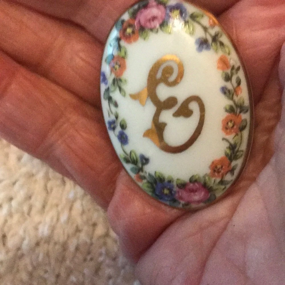 LAST DAY Vintage Portugal Floral Initial 'E' Porcelain Pin - White and Multicolo